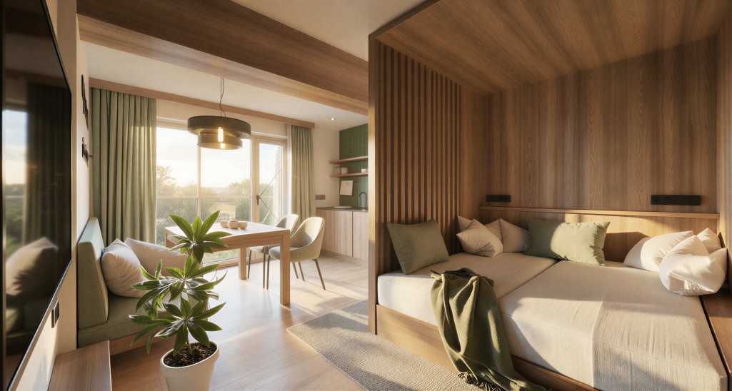 Helles Zimmer mit Holzelementen, L-f&ouml;rmigem Sofa, Tisch und gro&szlig;er Fensterfront